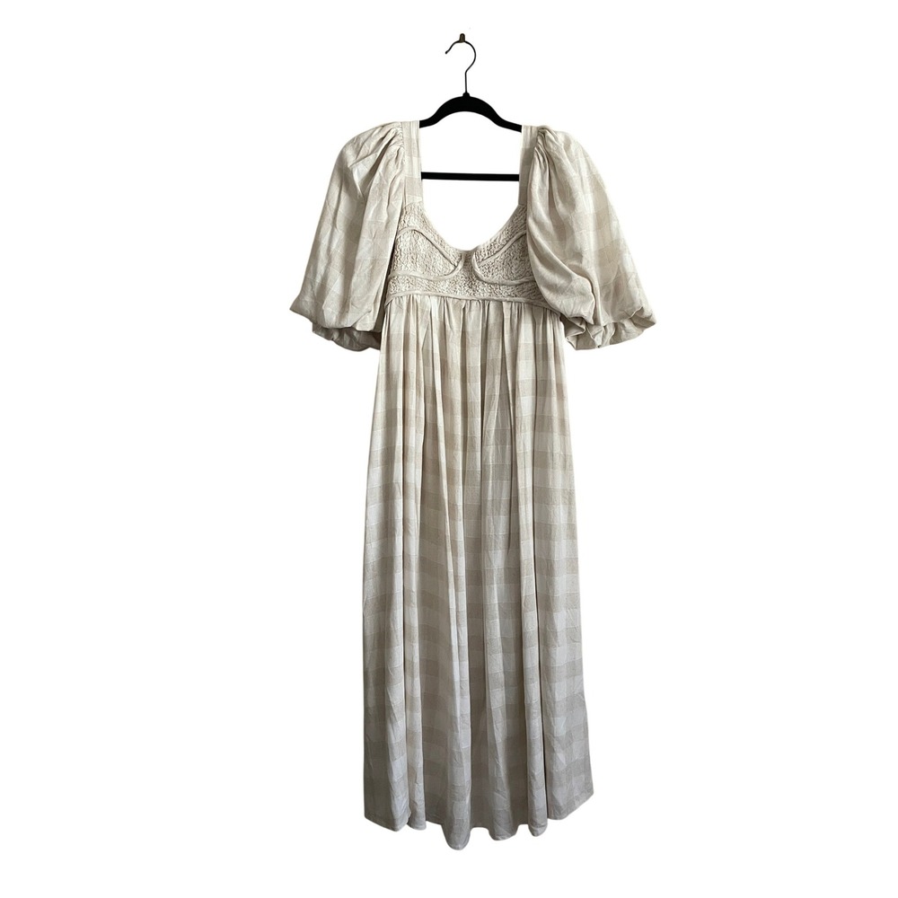 Worth Collective Maxi Smocked Bodice Puff Sleeve Dress in Beige Plaid - Picture 5 of 9
